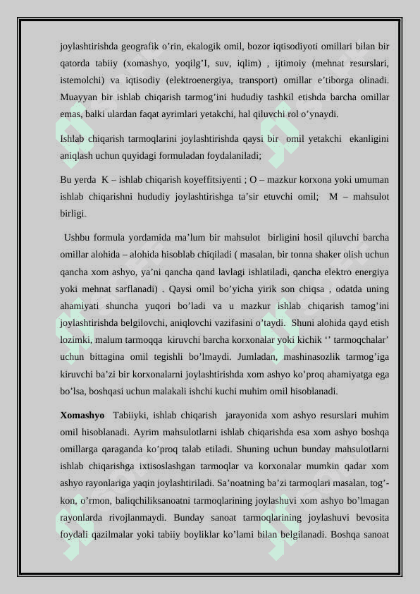 Kimyo sanoati korxonalarini ishlab chiqarishning joylashtirish va ixtisoslashtirishning tashkiliy iqtisodiy asoslari 8