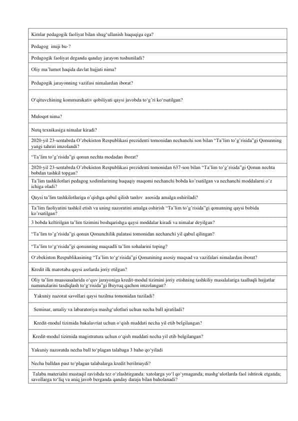 Pedagoglar uchun maxsus test