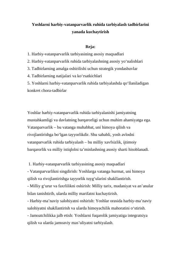 Yoshlarni harbiy-vatanparvarlik ruhida tarbiyalash tadbirlarini yanada kuchaytirish