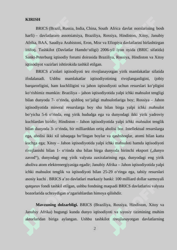 BRICS FAOLIYATINING ASOSIY YO'NALISHLARI 2