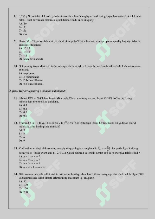 Kimyo 10 sinf test olimpiada 4