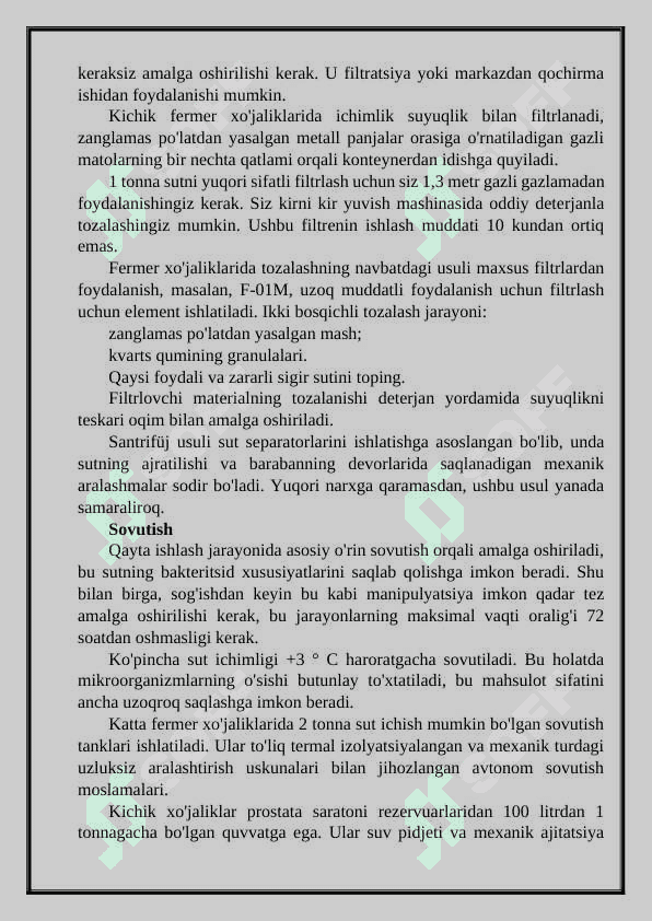 Sutning sifati, uni birlamchi qayta ishlash 3