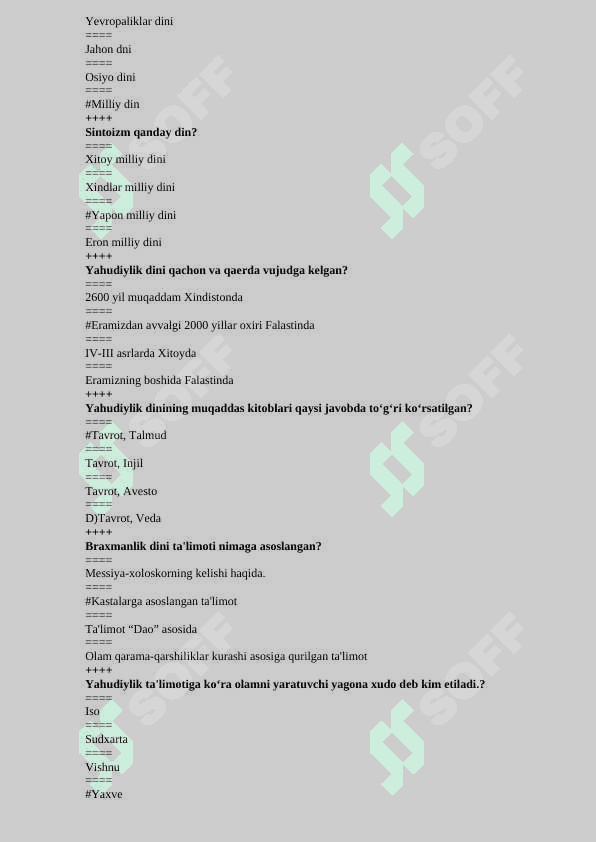 Dinshunoslik fanidan test 2