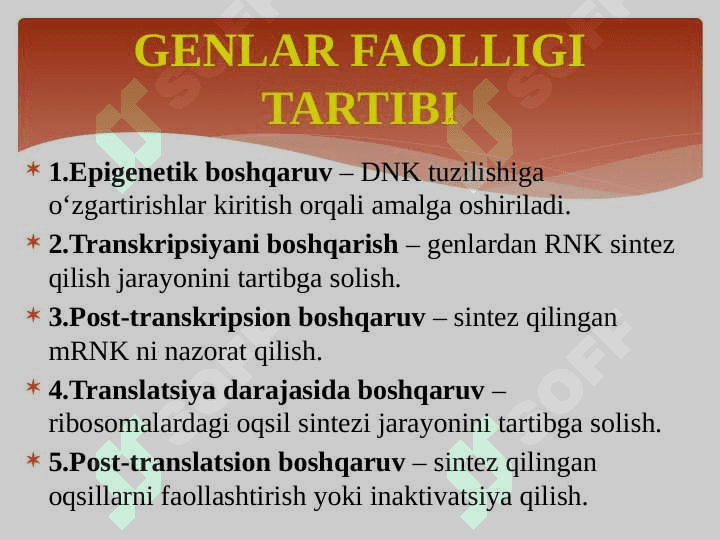 Genlar ta’sirining boshqarilishi,hujayra differensirovkasi 3