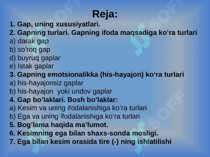 Bosh bo‘laklar. Ega, uning ifodalanishi. Kеsim, uning ifodalanishi, turlari. Bog`lama. 2