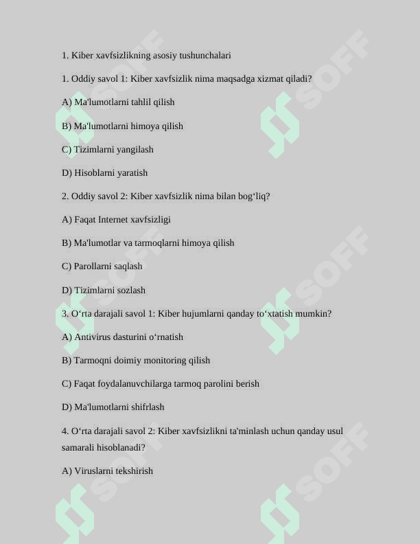Kiberxafsizlik fanidan umumiy test 2