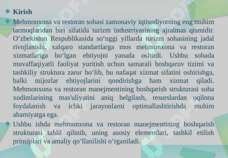 Mehmonxona va restoran manejmenti boshqarish strukturasi 2