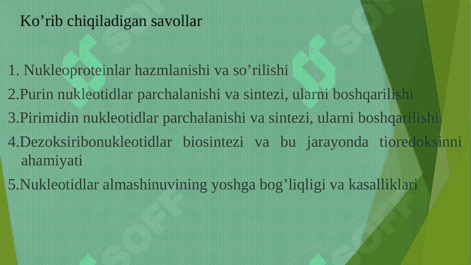 Nukleotidlar almashinuvi. Purin va pirimidin nukleotidlar katabolizmi va parchalanishi 2