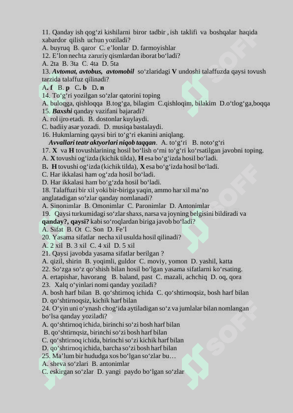 5-sinf   YANGI Ona tili 3-chorak testi 2