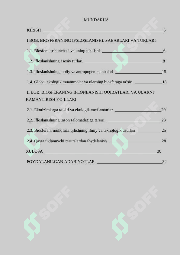 Biosferaning ifloslanishi va uning oldini olish masalasi. 2
