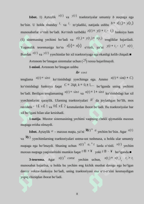 Differensial tenglamalar sistemasining birinchi 8