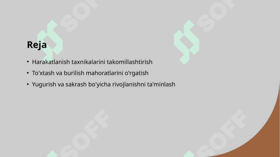 Futbol o'yinida harakatlanish (yugurish, sakrash, to'xtash, burilish)  taxnikasini o'rgatishni takomillashtirish va mahoratini oshirish. 2