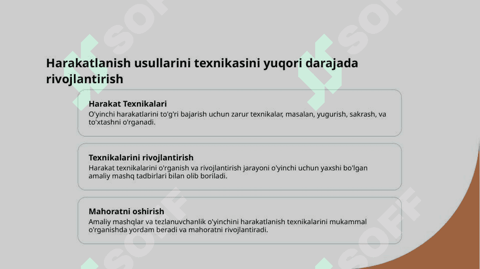 Futbol o'yinida harakatlanish (yugurish, sakrash, to'xtash, burilish)  taxnikasini o'rgatishni takomillashtirish va mahoratini oshirish. 3