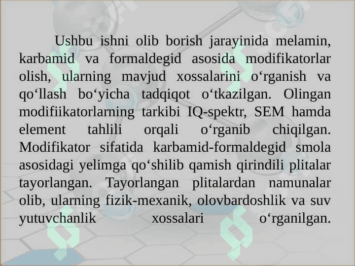 KARBAMID-FORMALDEGID SMOLALARINING SINTEZ JARAYONIGA TURLI OMILLARNING TA’SIRINI OʻRGANISH 2