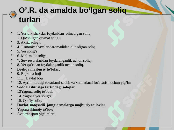 O’zbekiston Respublikasida amalda bo'lgan soliqlar va boshqa majburiy to'lovlar 5