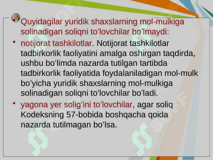 Yuridik va jismoniy shaxslardan olinadigan mol-mulk solig’i 8