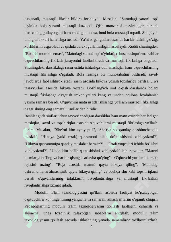BOSHLANG`ICH SINFLARDA ONA TILIDAN O`QUVCHILARNING MUSTAQIL ISHLARI 6