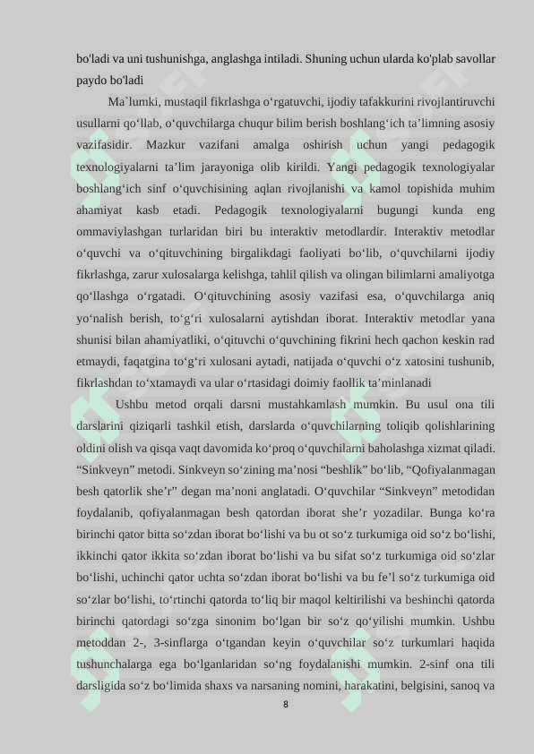 BOSHLANG`ICH SINFLARDA ONA TILIDAN O`QUVCHILARNING MUSTAQIL ISHLARI 8