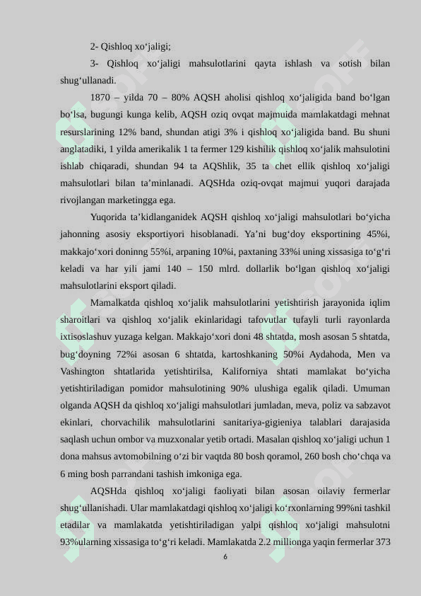 AQSH qishloq xoʻjaligining jahon iqtisodiyotida tutgan oʻrni 6