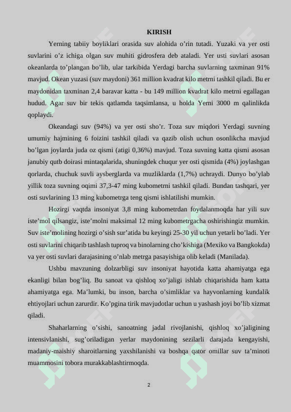 Dunyo okeani resuruslari, ularning turlari va mintaqalar bo’yicha taqsimlanishi 2