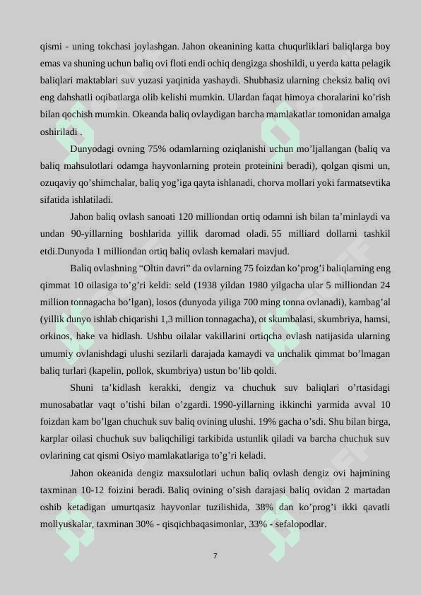 Dunyo okeani resuruslari, ularning turlari va mintaqalar bo’yicha taqsimlanishi 7