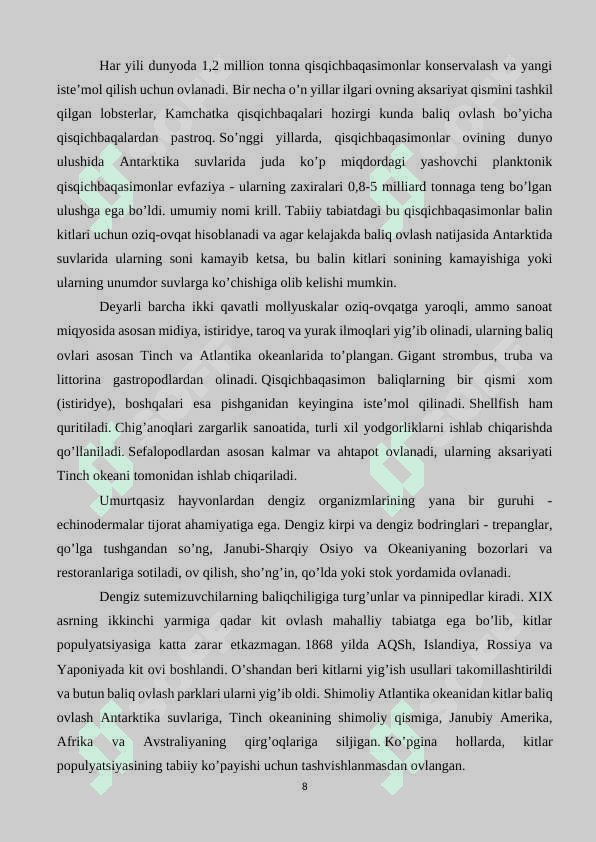 Dunyo okeani resuruslari, ularning turlari va mintaqalar bo’yicha taqsimlanishi 8
