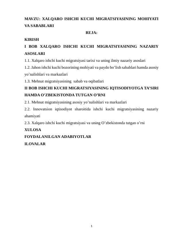 Xalqaro ishchi kuchi migratsiyasining mohiyati va sabablari