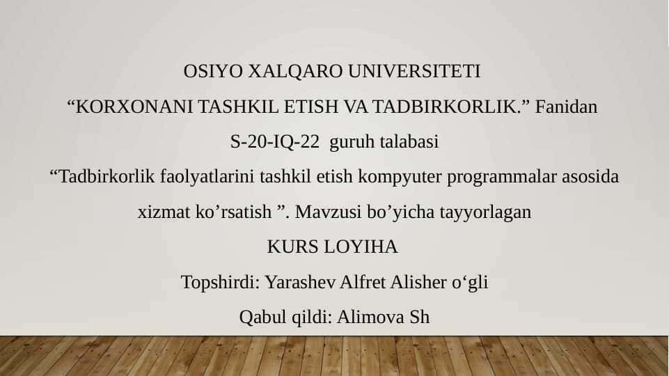 Tadbirkorlik faolyatlarini tashkil etish kompyuter programmalar asosida xizmat ko’rsatishTadbirkorlik faolyatlarini tashkil etish kompyuter programmalar asosida xizmat ko’rsatishTadbirkorlik faolyatlarini tashkil etish kompyuter programmalar asosida xizmat ko’rsatishTadbirkorlik faolyatlarini tashkil etish kompyuter programmalar asosida xizmat ko’rsatish