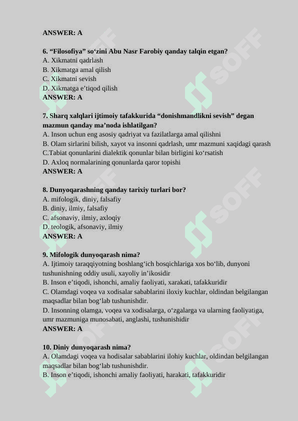 “FALSAFA” FANIDAN  YaKUNIY NAZORAT TESTLARI 2