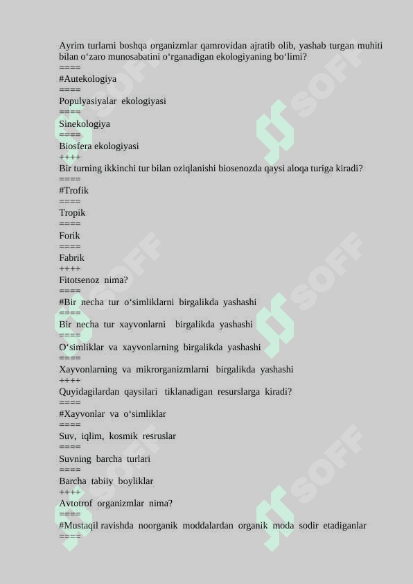 Ekologiya yakuniy testlar bazasi 200 talik 6
