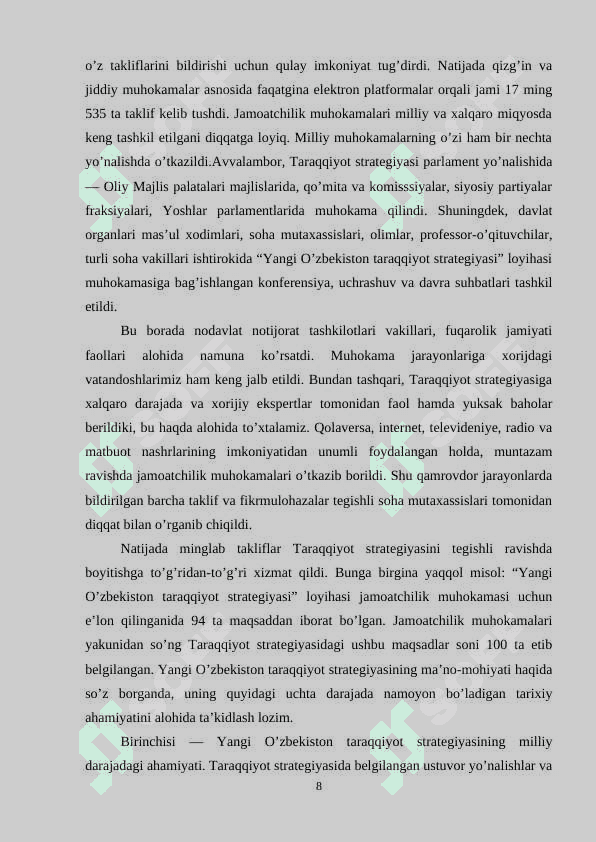 O’zbekiston Respubikasi Prezidenti Shavkat Miromonovich Mirziyoyevning “Yangi O’zbekiston taraqqiyot strategiyasi” asarida ta’lim-tarbiya masalalariga e’tibor qaratilishi 8