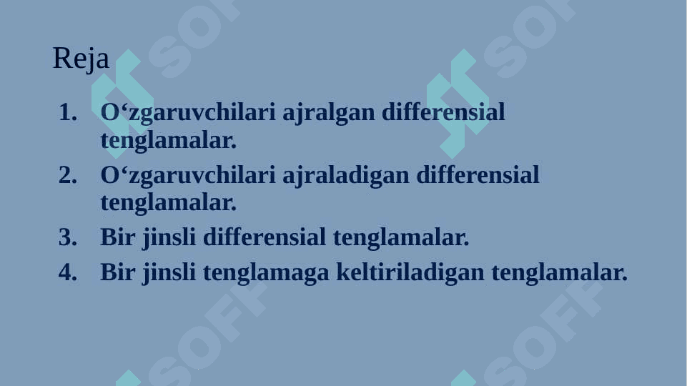O‘zgaruvchilari ajraladigan va unga keltiriladigan differensial tenglamalar.  Bir jinsli differensial tenglamalar 2
