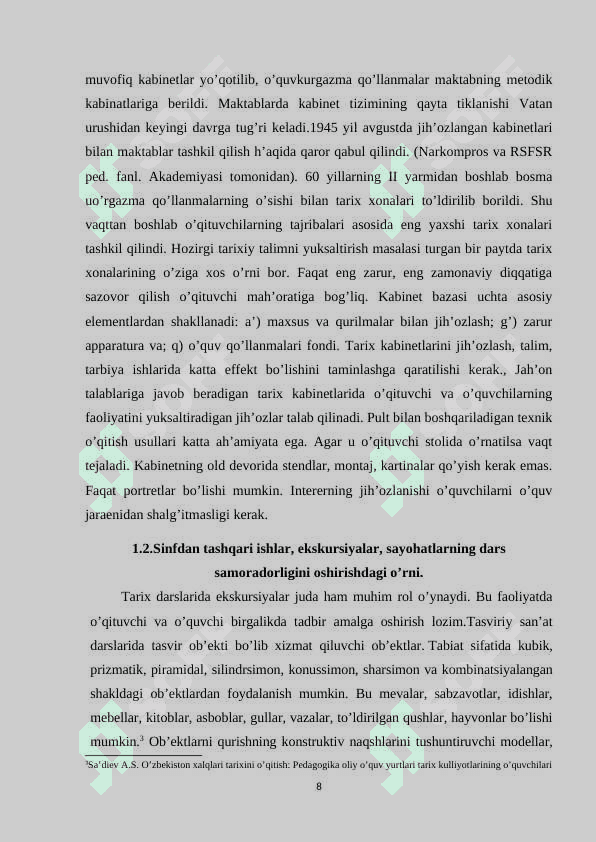 9-Sinfda O’zbekiston tarixidan sinfdan tashqari ishlarni olib borish. (muzeylar misolida). 8