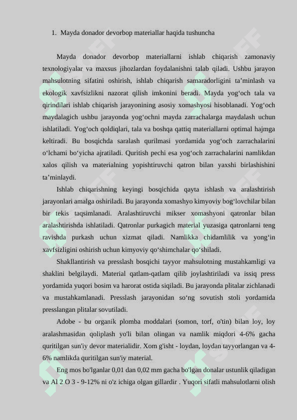 MAYDA DONADOR DEVORBOP MATERIALLARNI ISHLAB CHIQARISH UCHUN TEXNOLOGIK JIXOZLAR 2