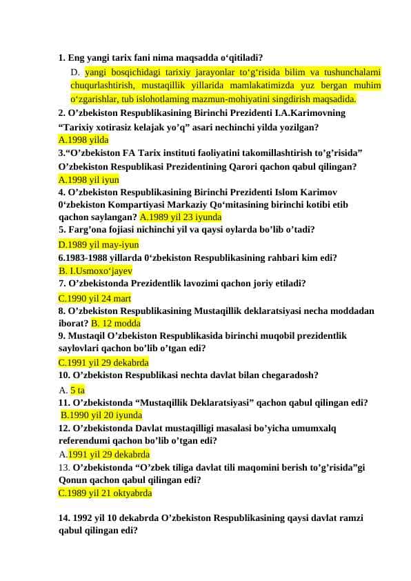 O'zbekistonning eng yangi tarix fanidan 120ta test