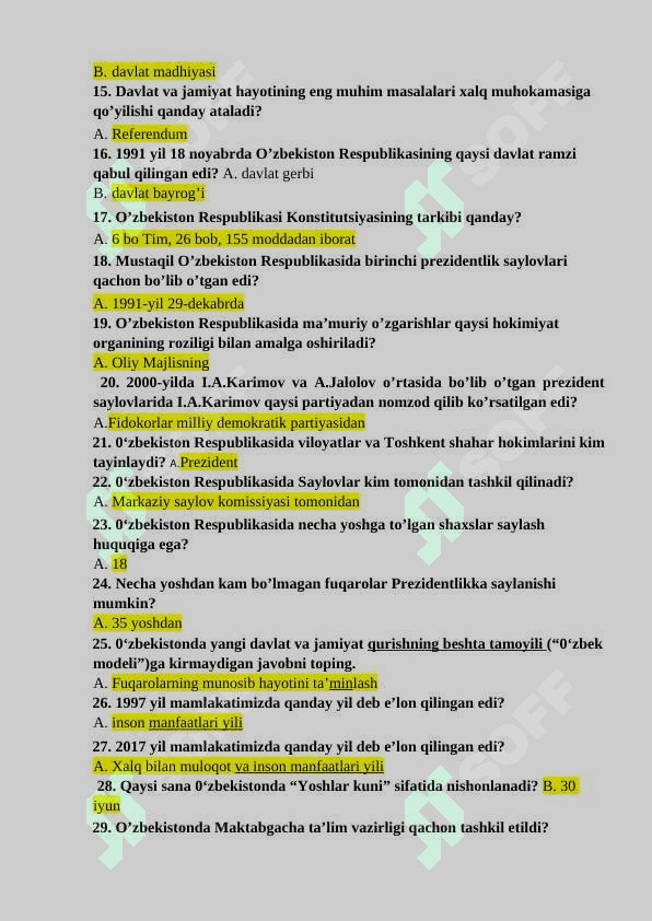 O'zbekistonning eng yangi tarix fanidan 120ta test 2