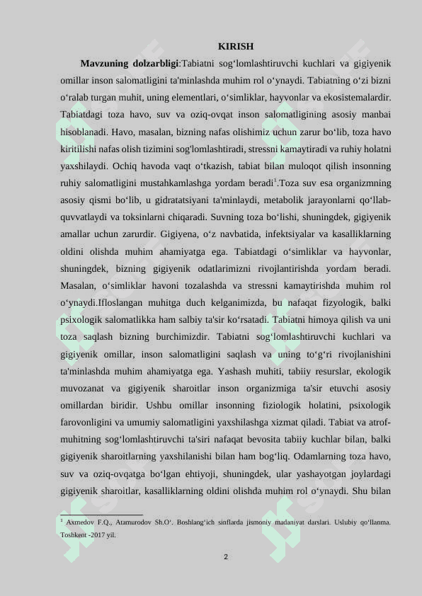Tabiatni sog‘lomlashtiruvchi kuchlari va gigiyenik omillar.1 2