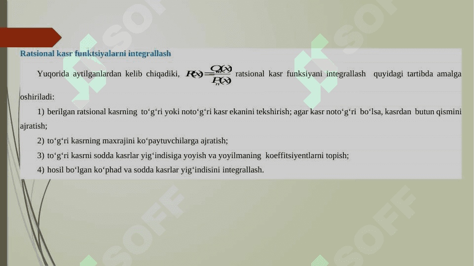 Ratsional funksiyalarni integrallash. Trigonometrik funksiyalar qatnashgan ifodalarni integrallash. Irratsional funksiyalarni integrallash 5