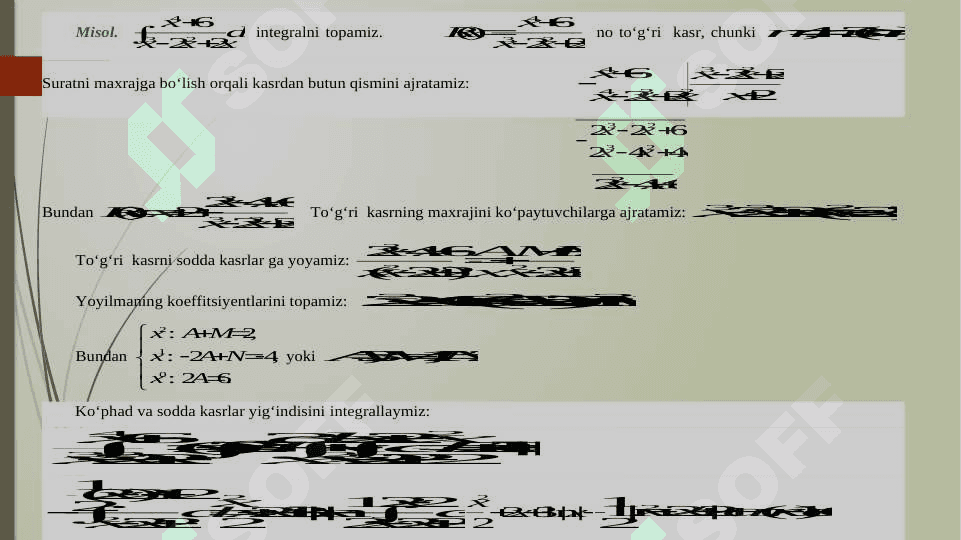 Ratsional funksiyalarni integrallash. Trigonometrik funksiyalar qatnashgan ifodalarni integrallash. Irratsional funksiyalarni integrallash 6