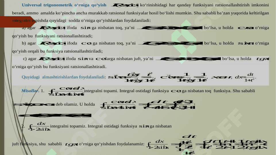 Ratsional funksiyalarni integrallash. Trigonometrik funksiyalar qatnashgan ifodalarni integrallash. Irratsional funksiyalarni integrallash 8