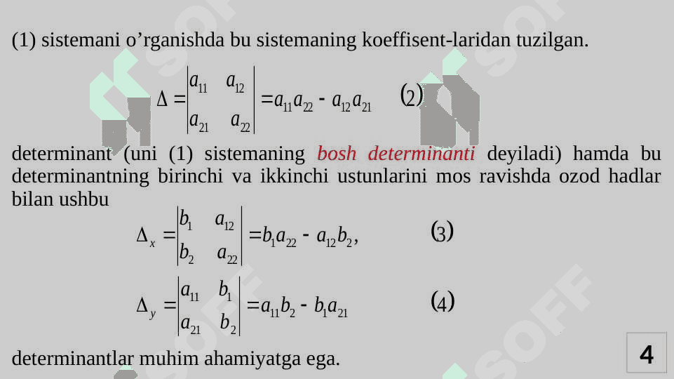 Chiziqli algebraik tenglamalar sistemasi. Kramer qoidasi va Gauss usuli. 4