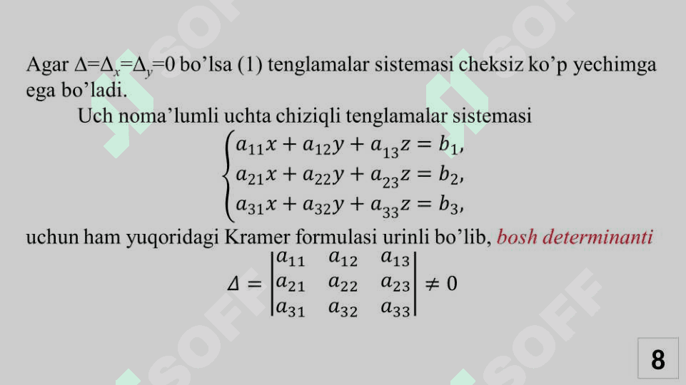 Chiziqli algebraik tenglamalar sistemasi. Kramer qoidasi va Gauss usuli. 8