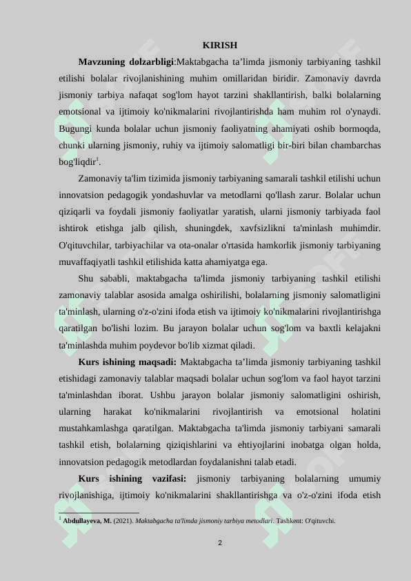 Maktabgacha ta’limda jismoniy tarbiyaning tashkil etishida zamonaviy talablar. 2