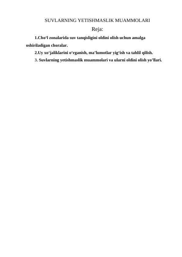 SUVLARNING YETISHMASLIK MUAMMOLARI