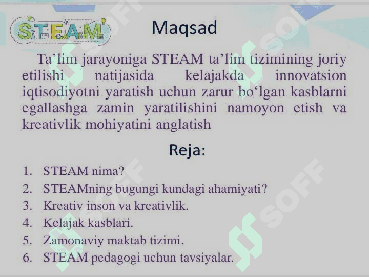 STEAM taʼlim texnologiyasini qoʻllashda oʻqituvchilarni kreativligi darslarda ulardan foydalanish metodikasiSTEAM taʼlim texnologiyasini qoʻllashda oʻqituvchilarni kreativligi darslarda ulardan foydalanish metodikasi 2