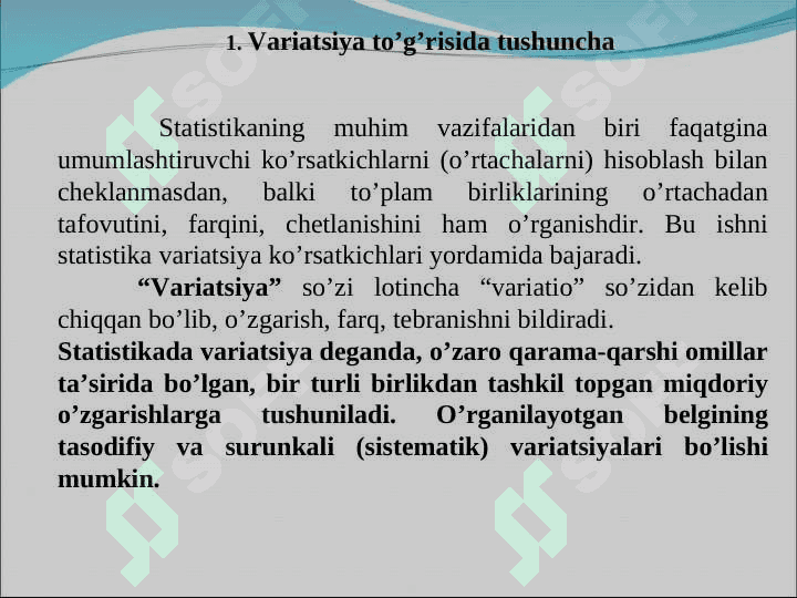 “STATISTIKDA VARIATSIYANI BAHOLASH USULLARI VA DISPERSION TAHLIL ASOSLARI” pptx 2
