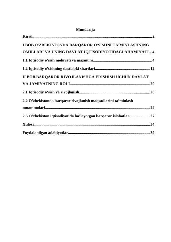O'ZBEKISTONDA BARQAROR O'SISHNI TA'MINLASHNING OMILLARI VA UNING DAVLAT IQTISODIYOTIDAGI AHAMIYATI