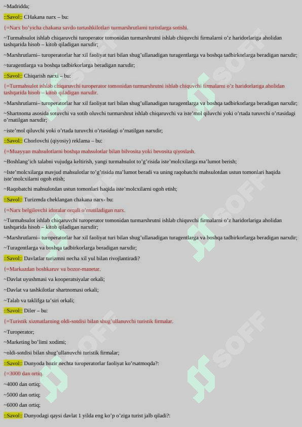 TURIZM YAKUNIY TESTLAR JAVOBLARI BILAN 3
