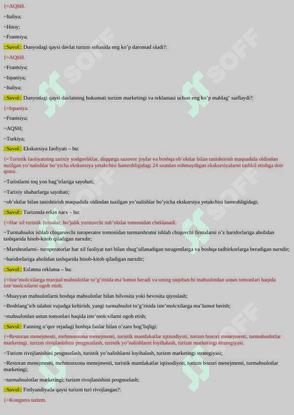 TURIZM YAKUNIY TESTLAR JAVOBLARI BILAN 4