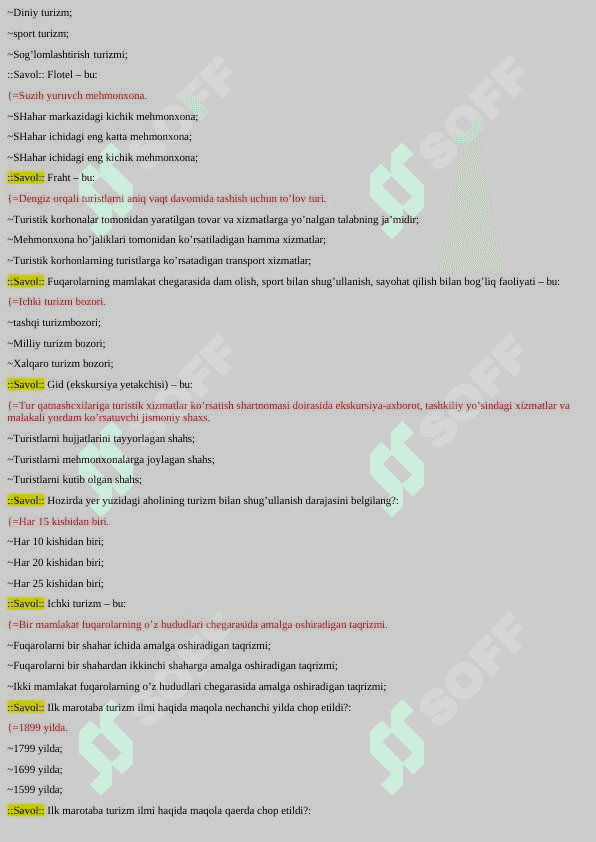 TURIZM YAKUNIY TESTLAR JAVOBLARI BILAN 5